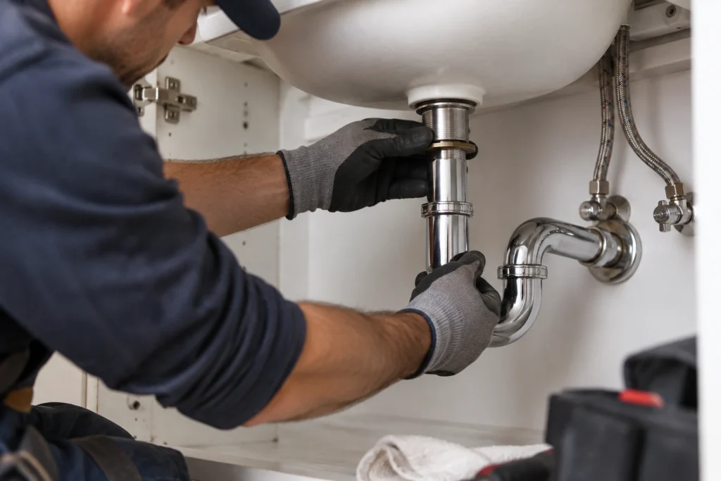 Plumber installing sink drain pipes and plumbing fixtures beneath a sink