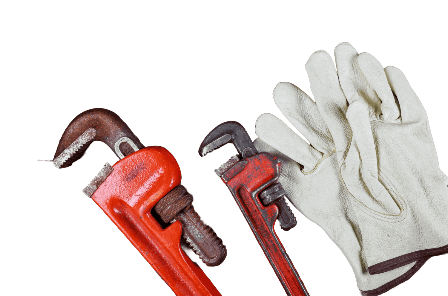 Two wrench for plumbing and a pair of leather safety gloves